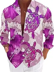 [xoxingysm] Graphic Button Down Tee Shirts for Men Long Sleeve Roll Up Wrinkle Free Summer Floral Turtle Print Vacation Tee Top
