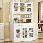 YITAHOME 71'' Kitchen Pantry Storage Cabinet with Microwave Stand, Tall Freestanding Hutch Cabinets with Power Outlet, Pantry Cabinets with Buffet Cupboard, Drawers & Acrylic Doors for Home, White