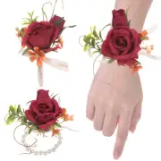 1-Set Wrist Corsage Boutonnieres Set, Flower Wrist Corsage Bracelet [Red]