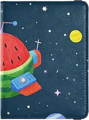 [Amooorous] Fun Watermelon Galaxy Spaceship Navy Blue Leather decorative passport holder for travel women Vaccine Case Protector Cover Passport Holder Case Waterproof, Fun watermelon galaxy spaceship navy blue, 1