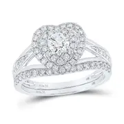 14k White Gold Round Diamond Heart Bridal Wedding Ring Set 1 Ctw
