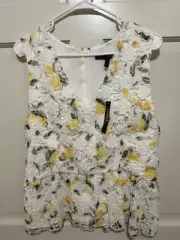 White House Black Market White Lace Peplum Top With Yellow Lemon Size 14