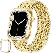Stainless Steel Beaded Bracelet & Case for Apple Watch Band 40mm 38mm 41mm 42mm 44mm 45mm Women, Handmade Dressy Cute iPhone Watch Bands Stretchy Fashion Straps for iWatch Series 9 8 7 6 5 4 3 2 1 SE,