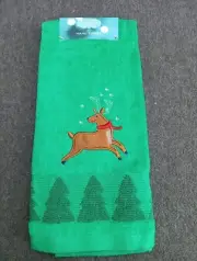 St. Nicholas Square Christmas Reindeer Green Hand Towel NWT Embroidered