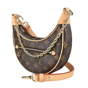 【Louis Vuitton 路易威登】LV M81098 Loop花紋LOGO雙背帶設計Monogram帆布鍊帶手提斜背彎月包(咖啡)