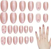Artificial Nails,Pink Full Cover False Nails - Stick Artificial Fingernails with Strawberry Bowknot Design, Fake Nails Set for Women Girls