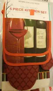 5 pc KITCHEN SET:2 POT HOLDERS,2 TOWELS & 1 OVEN MITT,2 WINE BOTTLES & GLASS, VP