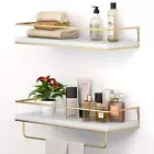 White Floating Shelves - Set of 2, Wall Mounted Hanging Shelves with Golden T...