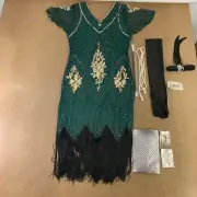 Women's Small Green & Gold Sequin Fringe Flapper Dress & Accessory Set 9 Pieces