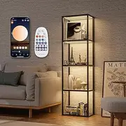 TONGLIN Display Shelf with Light, 5-Tier Tall Display Shelf with Dimmable LED Floor Lamp, 169cm Floor Lamp with Shelves, Glass Display Shelves for Bedroom Decor