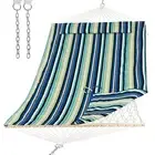 Hammocks Outdoor Double Hammock with Hardwood Spreader Bar, Cotton Blue&green