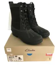 CLARKS CARIMA LUNA Black Leather Rubber Fabric Zip Lace Up Boots US 6 NWB