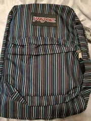 NWT JANSPORT SUPERBREAK BACKPACK BLACK BLUE WHITE GREY STRIPE FREE US S&H