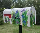 WHITE STANDARD METAL MAILBOX, CUSTOM HAND PAINTED IRIS FLOWER, HANDMADE, IRISES
