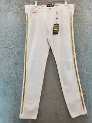BARABAS Mens 36X32 Sparkly Glittery Chain Design Denim Jeans White/Gold SN8855