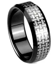 TUNGSTEN CARBIDE Black Plated Ring Band with Silver Plated Ornament, size 10