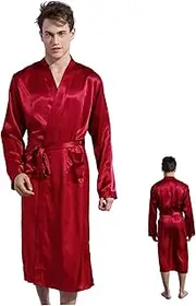 [Comebachome] Mens Robe Purple Red Satin Cardigan Bathrobe with Waist Tie Loose Long Sleeve Knee Length Night/Sleep Robe for Home Hotel, Bath, Bathrobe