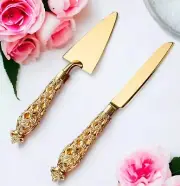 Set 2 Gold Cake Server and Knife Royal Filagree Handles Wedding Engagement Party