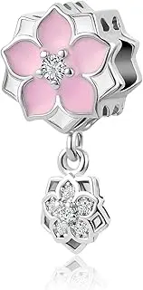 [MiniJewelry] Pink Orchaid Flower Dangle Charm Compatible with Pandora Charms Bracelets Crystal Clear CZ Women Girls Girlfriend Wife Birthday, Copper Cubic Zirconia, Cubic Zirconia