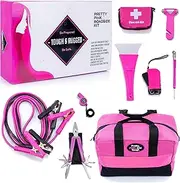 Gears Out Pretty Pink Roadside Kit - Emergency Kit for Teen Girls and Women - Lightweight, Soft-Sided Carry Bag With Jumper Cables, First Aid Kit, and Tools - 5 Year Warranty