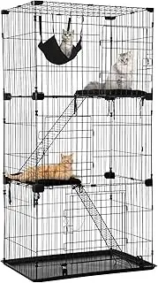 3 Tier 67 Inches Cat Cage Cat Enclosure Cat Playpen Collapsible Indoor Outdoor Cat Cage with Secure Lock Cat Kennel with Hammock Cat Bed Front Doors Ramp Ladder Perching Shelves, Black