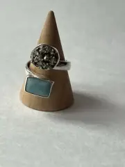 Larimar & Pyrite Ring 925 Sterling Silver, Adjustable Size 7