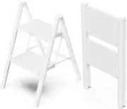 2 Step Ladder, Folding Stool with Broad Pedals, Compact 2 Step, White