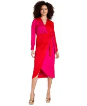 Anne Klein Women's Long-Sleeve Faux-Wrap Midi Dress (Poppy/Light Amaranth, 2)