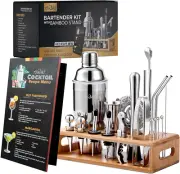 Mixology Bartender Kit with Japanese Jigger & Bamboo Stand - 25 Piece Stainless