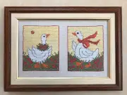 HANDMADE EMBROIDERED PICTURE "Ducks walking on a field with flowers" with frame