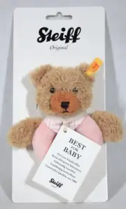 RARE! STEIFF ORIGINAL BEAR BABY PINK SAFE TEETHING RING W/ RATTLE NEW ON CARD