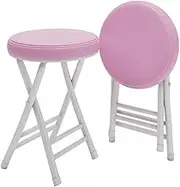 2Pcs Round Folding Stool Simple Faux Leather Chairs Easy Storage Guest Seating Metal Frame Garden Stools,Pink