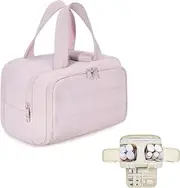 [Generic] Cureaway, Large Capacity Wide-Open Travel Cosmetic Bag,Make Up Travel Bag Organizer, for Women with Divider and Handle, 4-in-1 Puffy Multi-Functional, Dry-and-Wet Separation (Pink)