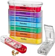 Weekly Pill Organizer with Pill Cutter - V-Grip Pill Splitter Stackable Pill Medicine, Vitamin Organizer with 4 Times-a-Day Daily Compartments, Pill Reminder with Stackable AM/PM Boxes