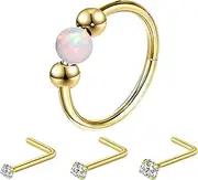 [supsiah] 18G 10mm Opal Nose Ring and Zircon L Shape Nose Stud Set - Hypoallergenic 316L Surgical Steel Nose Jewelry for Men and Women, 8mm, Stainless Steel, created opal
