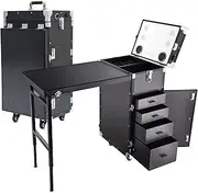 Rolling Manicure Table, Foldable Nail Station Salon Makeup Draw-bar Box, Portable Manicure Professional Nail Table Desk with Drawers, Mirror, Bluetooth Speaker