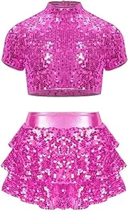 [Fldy] Girls Cheerleading Jazz Dance Costume Kids Sequins Sparkly Short Sleeve Crop Top with Skirts Sets