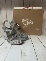 Christian Louboutin Glitter Nappa Mica Pyraclou Wedge Sandals Silver Sz 38 / 8