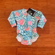 Bonds Baby Blue Floral Frill Long Sleeve Swim Suit Zippy Swimsuit Size 00 BNWT