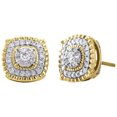 10K Yellow Gold Bezel Set Diamond Rounded Square Halo Stud Earrings 0.50 CT.