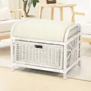Krit Ottoman Rattan Wicker Handmade Stool Pouf w/Basket w/Cushion, White