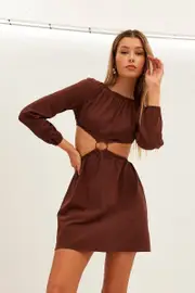 Brown Ring Detail Linen Dress - Size 10, Women's Skater Dress