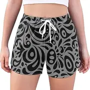 [GuoChe] Running Shorts Women Classical Luxury Black Doodles Gray Women's High Waisted Running Shorts Elastic Beach Shorts for