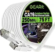 Cat 6 Outdoor Flat Ethernet Cable (75ft, White) Direct Burial Rated LLDPE Jacket - Indoor Cat6 Shielded FTP 10Gbps High Speed Gaming Computer Network RJ45 Snagless Patch Cord Internet