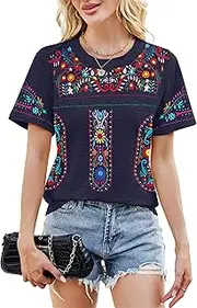 [VILOVE] Embroidered Mexican Peasant Blouse Women Cinco De Mayo Shirt Mexico Fiesta Tshirt Boho Summer Tops