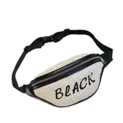 Fashion Weaving Straw Color Letter PU Single Shoulder Bag Zipper Messenger Bag Waist Sports Chest Pockets Bag (Black)
