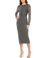 Mac Duggal Beaded Tea Length Sheath with Sheer Sleeves
