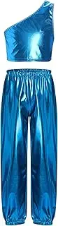 [FEESHOW] Girls Hip Hop Jazz Dance Shiny Outfits Performance Costume Shiny Metallic Crop Tops with Pants Set