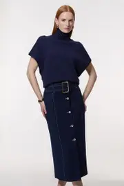 Compact Stretch Tailored Belted Pencil Midi Skirt