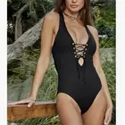BECCA Modern Edge One Piece Swimsuit,Plunge Neck,Criss Cross,Ribbed Black size L